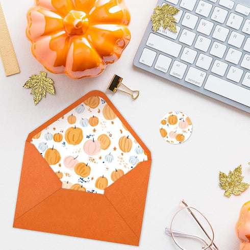 Whaline 50Pcs Fall Invitation Envelopes, Orange Pumpkin Greeting Card Holders with Stickers, V-Flap Envelopes Gift Card