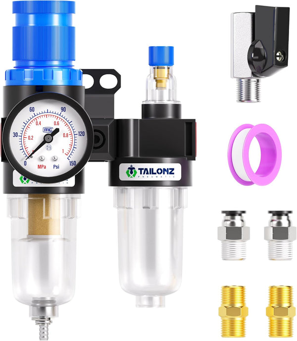 TAILONZ PNEUMATIC 1/4 Inch NPT AFC2000 Air Filter Pressure Regulator Kit, 0-145 Psi, 5 Micron