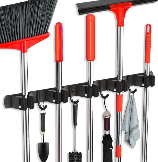 Upgraded Mop and Broom Holder Wall Mount, 5 Racks 4 Hooks, Stainless Steel Organizer for Closet, Garage, Kitchen