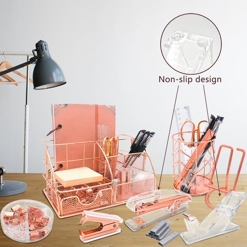 Rose Gold Desk Organizers Set, 13PS Office Supplies with Acrylic Stapler, Tape Dispenser, and Pen Holder
