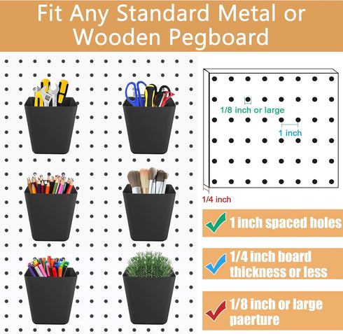 6 Pack Pegboard Cups, Large Pegboard Bins with Hooks, Square Box Shape Holder Accessories for Garage, Office, Craft Room