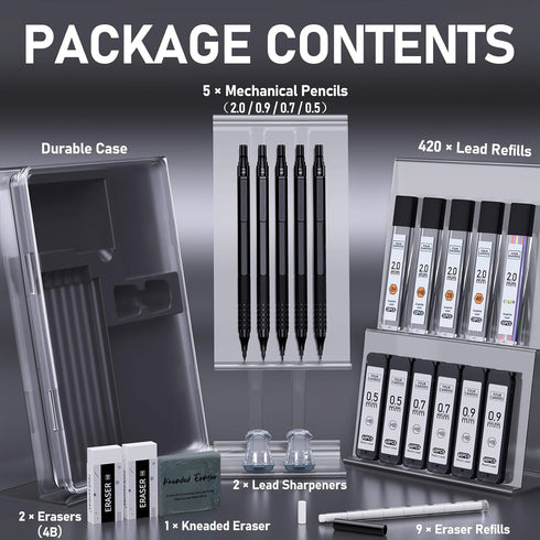 Four Candies Metal Mechanical Pencil Set, 3PCS Art Drafting Pencils & 2PCS 2MM Mechanical Drawing Pencils