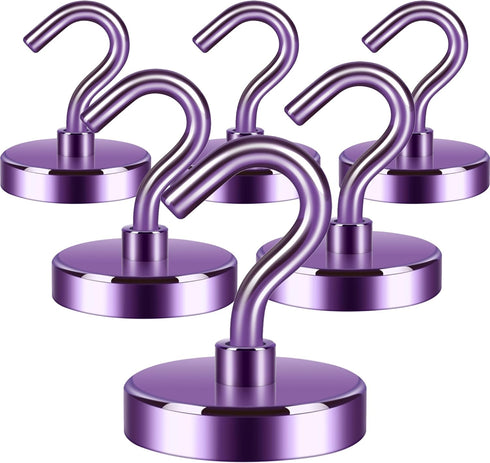 Neosmuk 6 Pack Heavy Duty Magnetic Hooks, Strong Neodymium Industrial Hooks for Fridge, Toolbox, Grill (Purple)