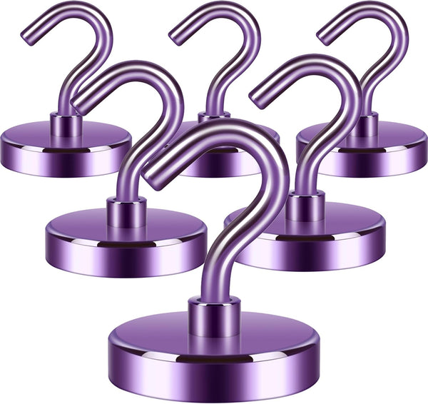 Neosmuk 6 Pack Heavy Duty Magnetic Hooks, Strong Neodymium Industrial Hooks for Fridge, Toolbox, Grill (Purple)