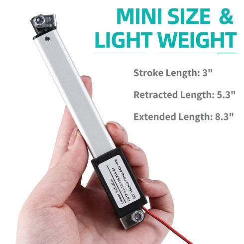 NORJIN 12V Mini Electric Linear Actuator - 3" Stroke, 64N/14lbs, Speed 15mm/s, for Sofa, TV, Table, Home Automation