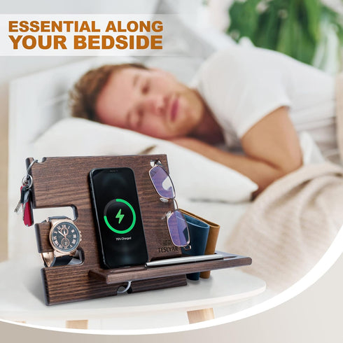 TESLYAR Wood Phone Docking Station, Ash Key Holder Wallet Stand Organizer for Men, Wenge