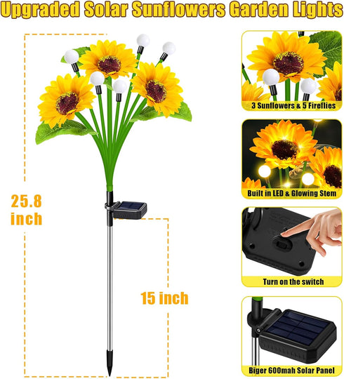 4 Pack Solar Sunflower Lights Outdoor Garden Decor, Upgraded with Firefly Lights, Waterproof Solar Flower Stake