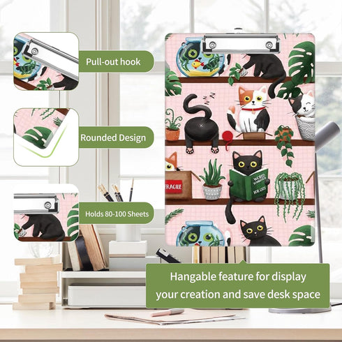 XIHEYUEBANG A4 12.6" 8.9" Cat Bookshelf Clipboard, Cute Decorative Clip Board with Metal Clip Pretty Plastic Clipboards