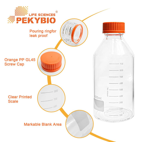 Glass Media Bottle 1000ml Round Storage Bottles 3.3 Borosilicate Glass Regent Bottles with PP GL45 Screw Cap 1 Piece