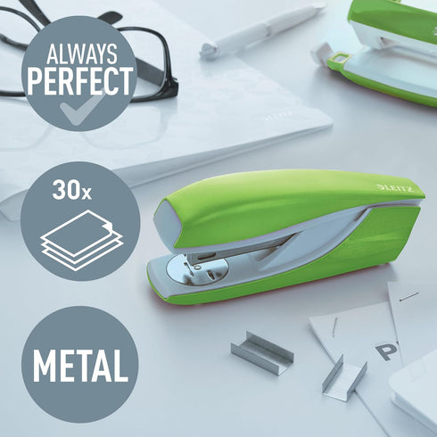 Leitz 55022054 Stapler, 30 Sheet Capacity, Ergonomic Metal Body, Includes Staples, WOW Range, Green
