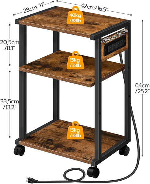 HOOBRO 3-Tier Industrial Printer Stand with Charging Station, Rolling Printer Cart, Adjustable Shelf and Hook, Rustic