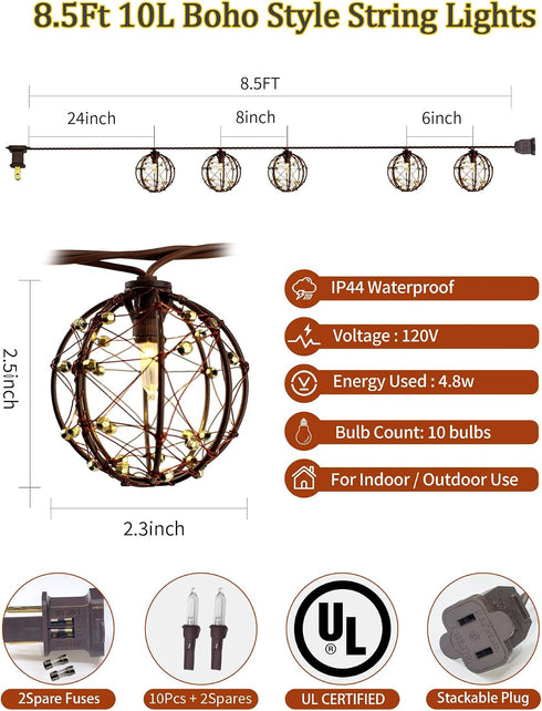 8.5Ft 10L Outdoor Decorative Patio Lights, Beaded Copper Wire Ball Style Lantern Lights, Connectable Weather-Resistant