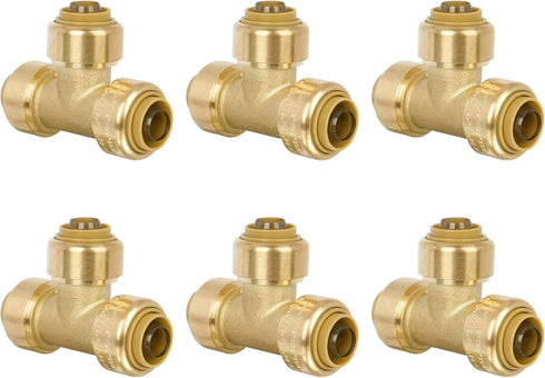 1/2" Push to Connect Tee Brass Plumbing Fitting for PEX, Copper, CPVC Pipe with Upgraded Stiffener (6 Pack)