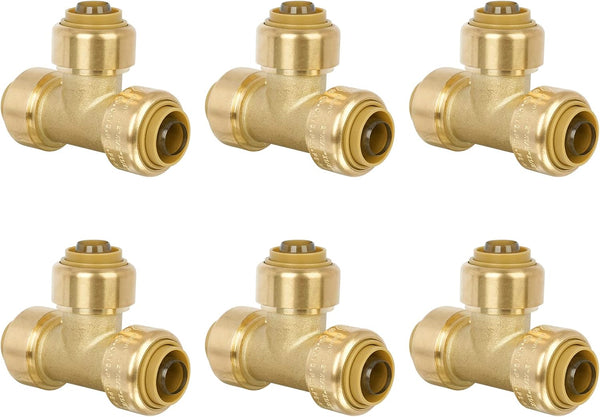 1/2" Push to Connect Tee Brass Plumbing Fitting for PEX, Copper, CPVC Pipe with Upgraded Stiffener (6 Pack)