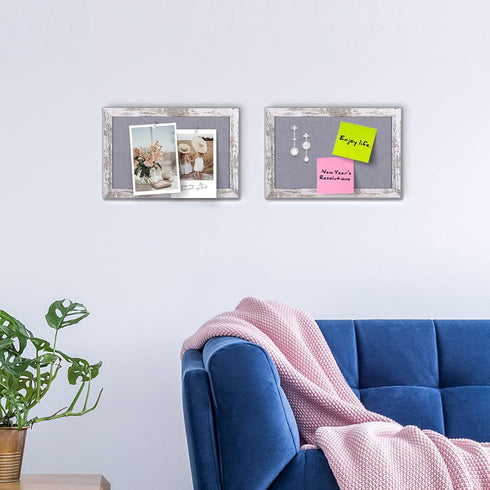 Gray Felt Bulletin Board with White Rustic Wood Frame, Decorative Hanging Board for Office Home