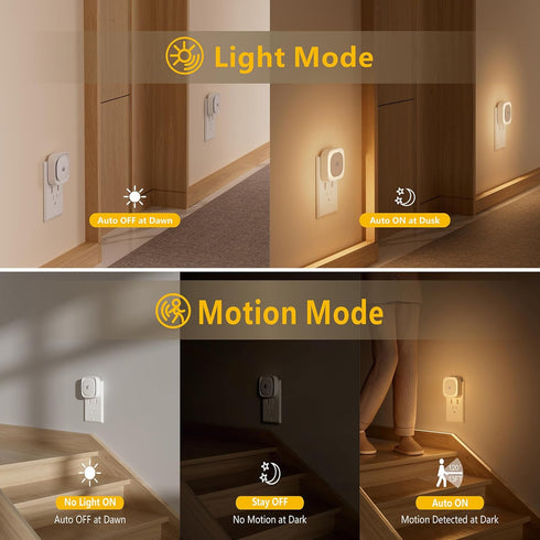 2 Pack Plug in Night Light, Motion Sensor & Dusk to Dawn Sensor, Dimmable Night Lights for Kids