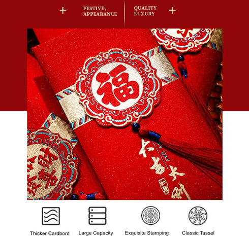 Chinese New Year Red Envelopes 2025, 6Pcs Money Red Pocket for Year of Snake with Gold Foil Patterns