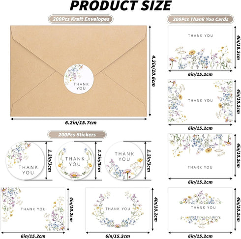 600 4x6 Inch, 6 PCS Floral Thank You Cards with Envelopes and Stickers, Wildflower Designs Thank You Notes, Greeting