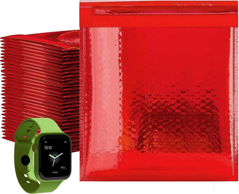 Red Metallic Bubble Mailers, 7.25 x 7 Inches, 25 Pack Waterproof Padded Shipping Envelopes