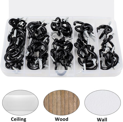 90 Pcs Black Ceiling Hooks Kit, 6 Sizes Vinyl Coated Screw-in Hooks for Hanging (1/2", 5/8", 3/4", 7/8", 1", 1-1/4")