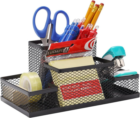 Ludato Black Mesh Desk Organizers Pen Holder, 4 Compartments Storage for Office Desk Accessories