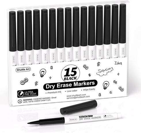 Shuttle Art Ultra Fine Dry Erase Markers, 15 Pack Black Markers for Writing on Whiteboards, Dry-Erase Boards, Mirrors
