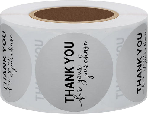 Hybsk Silver Foil Thank You for Your Purchase Stickers - 1.5" Round, 500 Labels per Roll (Silver)