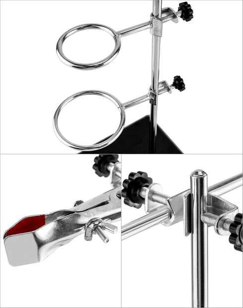 QWORK Chemistry Laboratory Stands Support Set, 2 Steel Lab Stands with Cast Iron Base, 16" L Rod with Burette Clamp and