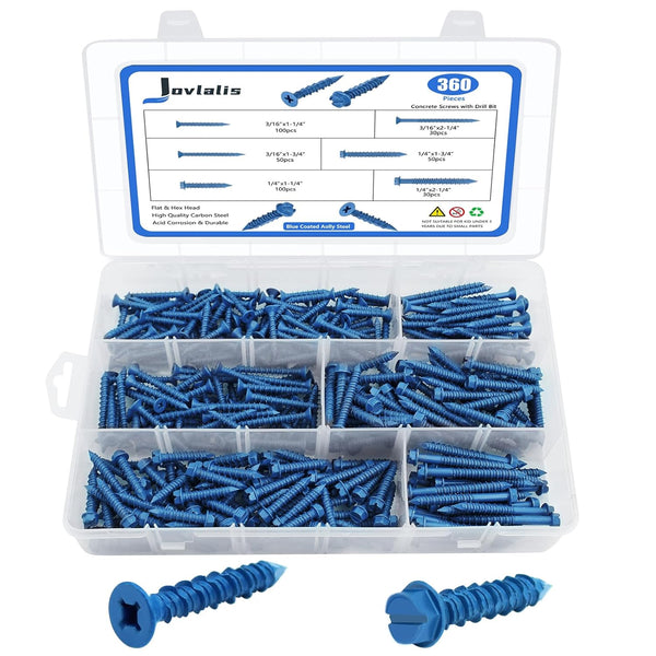 360 PCS Concrete Screws Assortment Kit, 1/4 3/16 Flat & Hex Head Masonry Screws and Anchors, Length 1-1/4" to 2-1/4"
