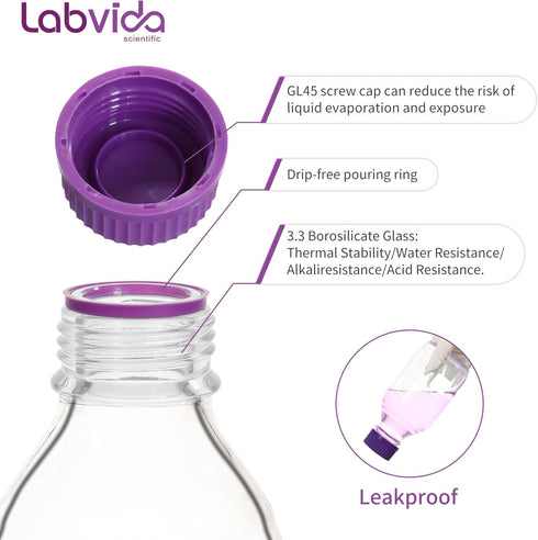6 pcs 500ml Round Media Storage Bottles with GL45 Screw Cap in Purple, Borosilicate Reagent Bottles