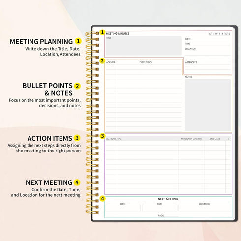 SUNEE Meeting Notebook with Sticky Tabs, 160 Pages A4 Size Project Planner for Note Taking and Office Organization
