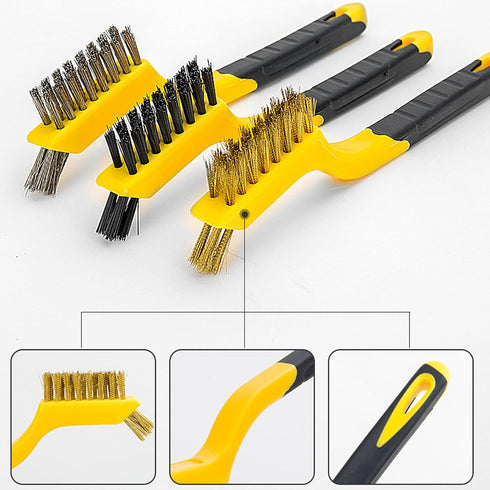 Set 3Pcs, Wire Brush Nylon/Brass/Stainless Steel Bristles with Curved Handle Grip for Cleaning with Curved Handle Grip