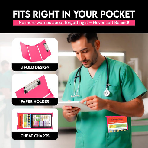 Nursing Clipboard Foldable with Medical Edition Cheat Sheets, 3 Layers Aluminum Clipboard for Nursing Students (Pink)