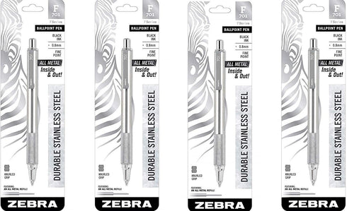 Zebra 29411 F-701 Ballpoint Stainless Steel Retractable Pen, Fine Point, Black Ink, 4 Pack
