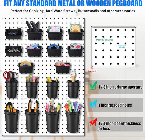 64 Pieces Pegboard Bins with Hooks and Loops - Organizer Accessory for Tools Storage Office Workshop Garage