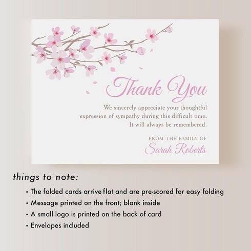 5.5x4.25 Pink Floral Cherry Blossom Sympathy Thank You Cards, Personalized Bereavement Funeral Thank You Cards