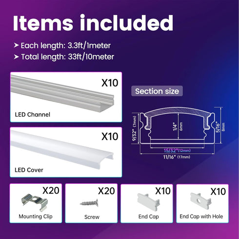 10Pack 3.3FT/1M U1SW 1M Muzata LED Channel Aluminum U Shape Silver LED Strip Diffuser Channel with Milky White Cover