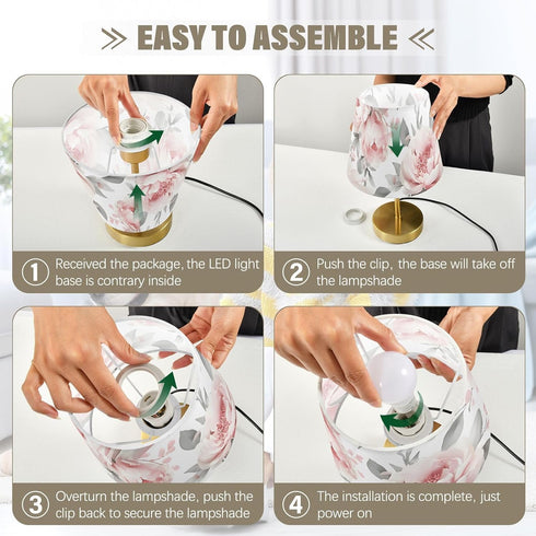 Dimmable ALAZA Table Lamp for Bedroom Nightstand Pink Peonies Rose Flower Bedside Lamp with USB Port Fabric Shade Desk
