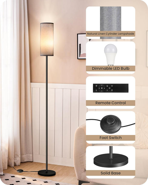 Dimmable 10W 900LM Bulb 3000K-6500K, H06LD05W1 Gray Floor Lamp for Living Room with Remote and Foot Switch, Corner
