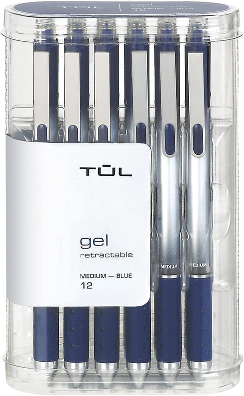 TUL Gel Pens, Retractable, Medium Point, 0.7 mm, Gray Barrel, Blue Ink, Pack of 12