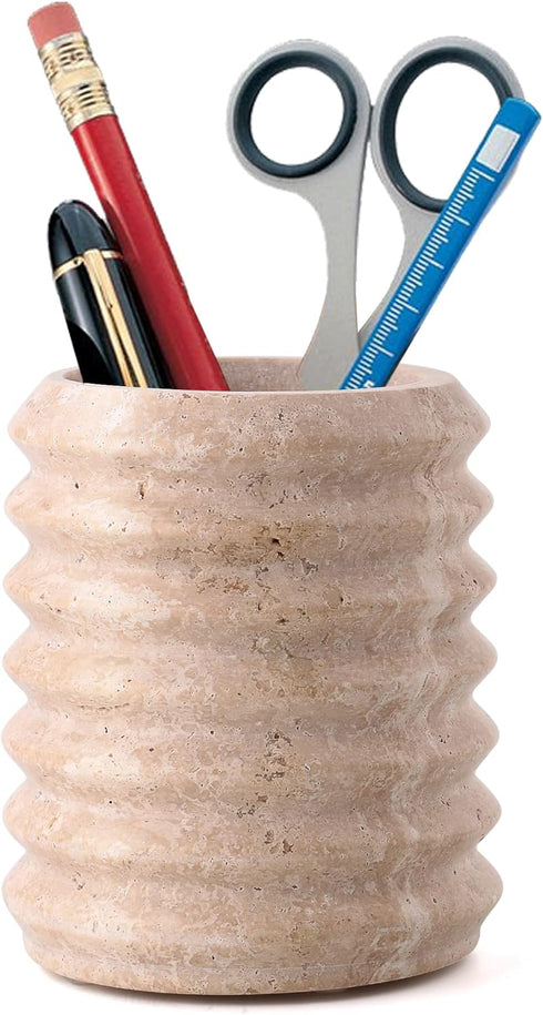 WORHE Pen Holder Travertine Stone, Makeup Brush Cup for Girls, School Supplies Organizer for Office, Home Decor Beige
