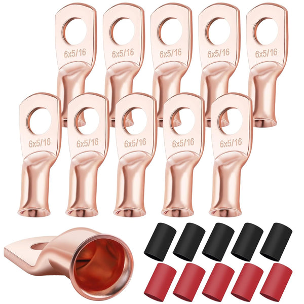 XHF 10PCS 6 AWG-5/16" Heavy Duty Battery Lugs with 3:1 Heat Shrink Tubing