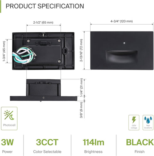 ASD LED Recessed Step Light Fixture, 3W 120LM 3000K-5000K, Waterproof, ETL Listed, Dusk to Dawn Stair Lamp, Black