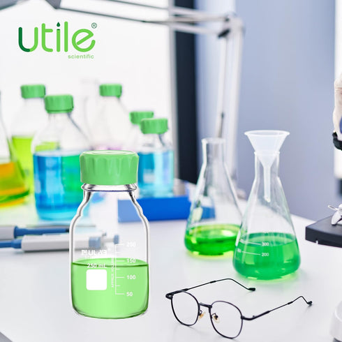 Utile Media Bottle, 3.3 Borosilicate Glass Storage Bottles with GL45 Screw Caps, 4pcs of 250ml Lab Bottles
