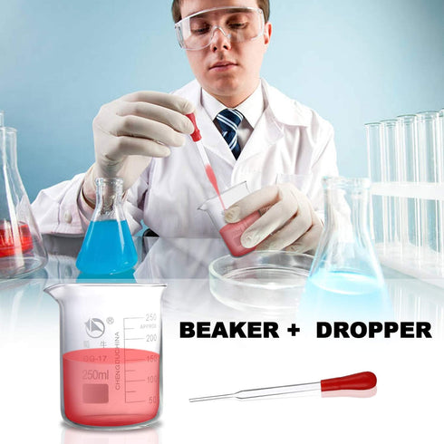 Glass Beakers, Pack of 6, 3 Graduated Griffin Beakers (250ml, 100ml, 50ml), 3 Glass Droppers (3ml per Drop)