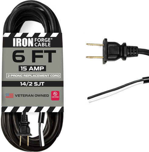 Iron Forge Cable 14 AWG Replacement Power Cord, 6 Ft Black Extension Cable with Open End, 2 Wire 14/2 SJT
