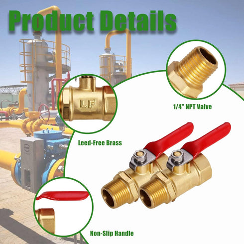 2 PCS Lead-Free Brass Mini Ball Valve Shut Off Switch, 1/4" NPT Male x 1/4" NPT Female Pipe Fittings