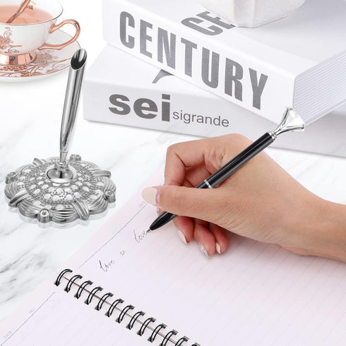 Hollow Round Pen Holder Signing Pen Set, Big Diamond Crystal Pen for Wedding, Graduation Office (Black Ink)