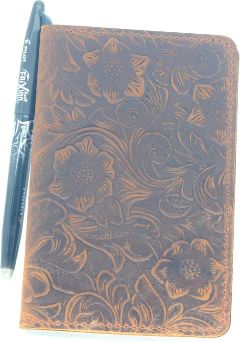 JJNUSA Distressed Leather Checkbook Journal Cover for Field Notes Moleskine Cahier Notebook Pocket size 3.5" X 5.5" Vintage Refillable Notepad Flower Brown