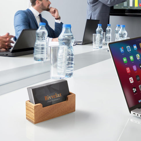 Business Card Holder for Desk, Acacia Wood Organizer for Office Home Tabletop Exhibition